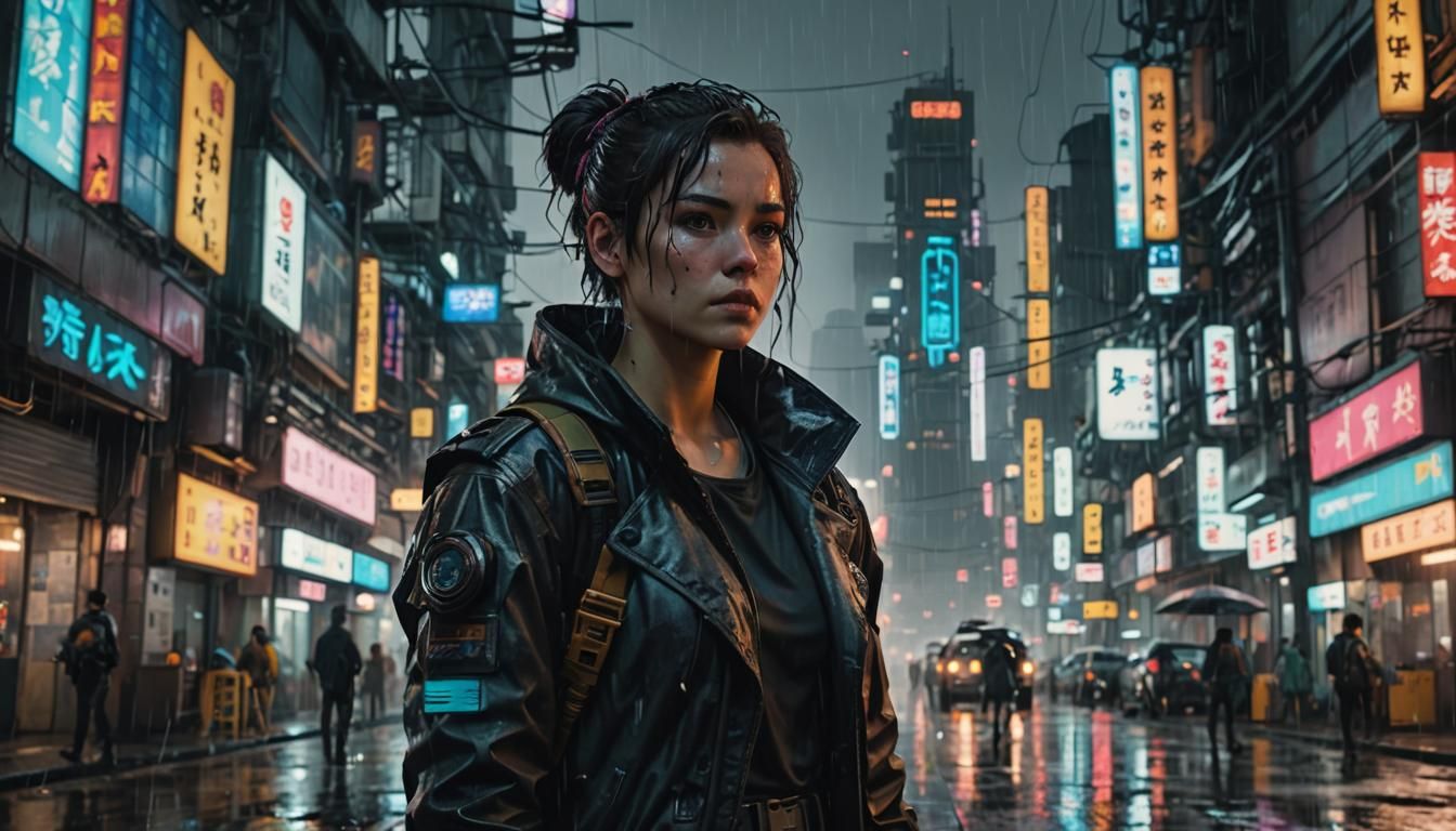 Medium shot of a female sci-fi protagonist in a cyberpunk city on a ...