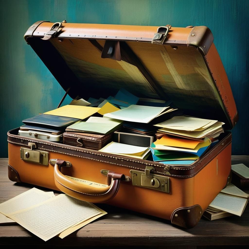 A weathered suitcase bursting open, revealing memories inste...