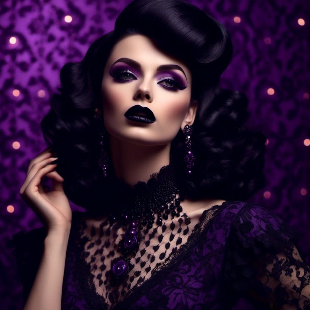 <lora:Midnight Retro:1.0>mid shot portrait, goth woman with dark hair, wearing 1950’s vintage dress in deep purple, dramatic goth makeup wit...