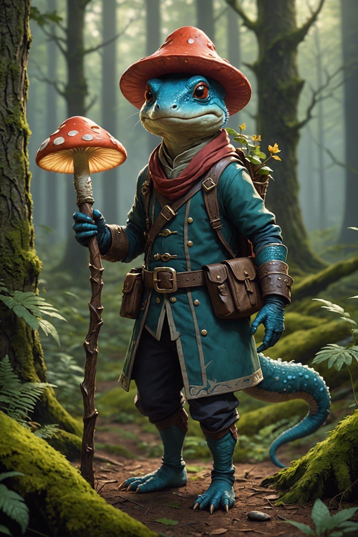 full body humanoid salamander wearing clothes and a mushroom cap hat, dnd character, holding a magic ...  by @Kindly Offer