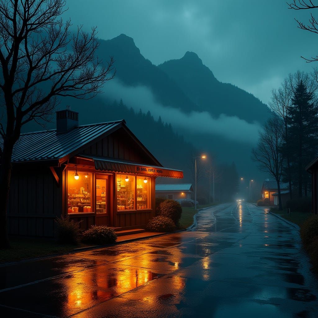 Warm Orange Glow in a Rainy Night Coffee Shop Scene