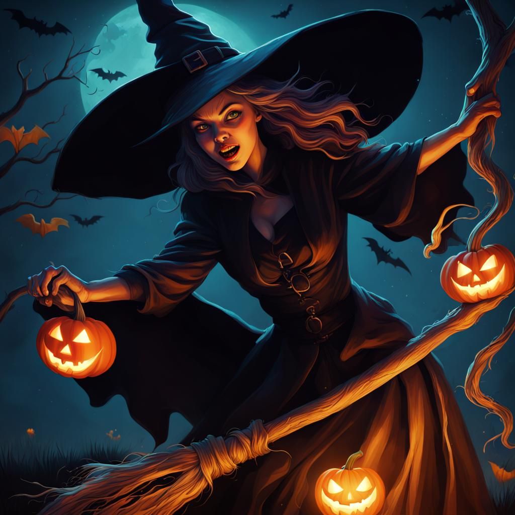 Spooking image... Halloween vibes... Witches on whitch broom... Dark ...