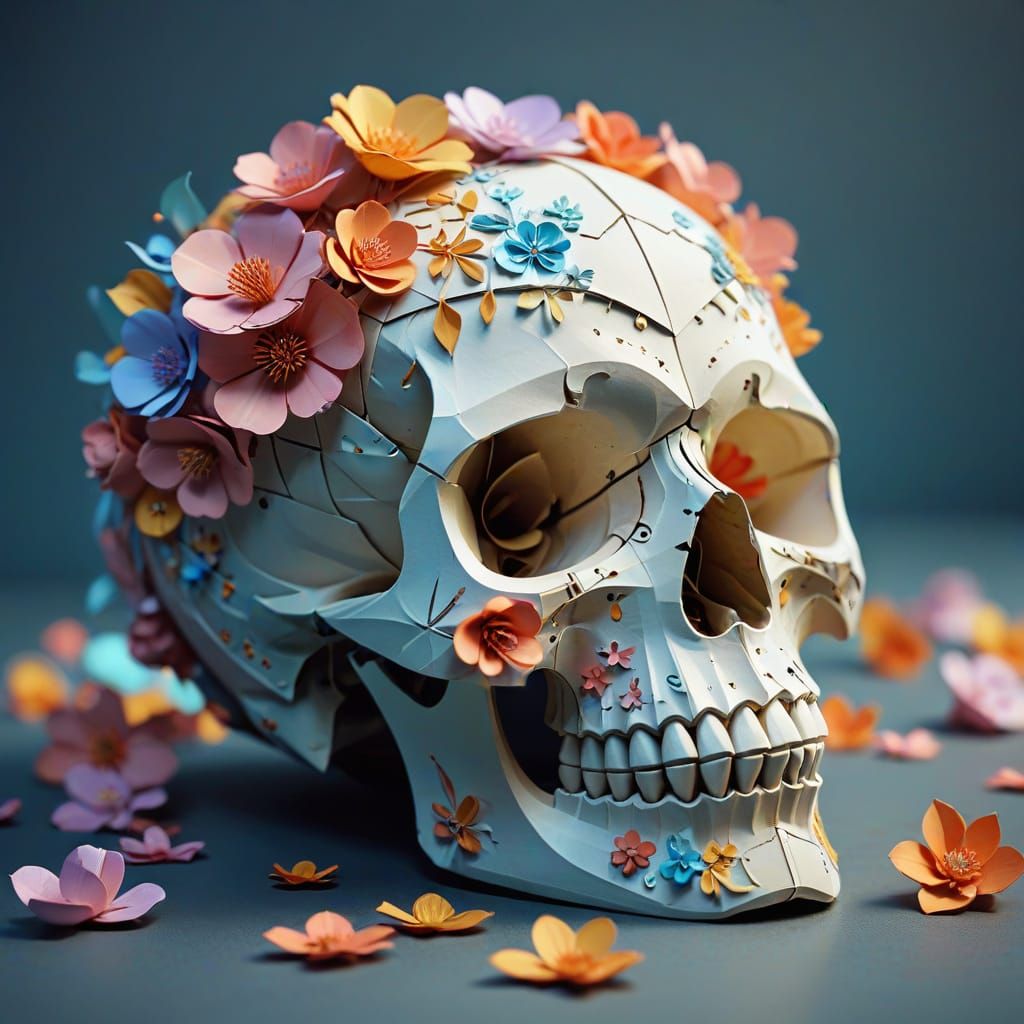 paper skull realistic with some paper flowers around it 
