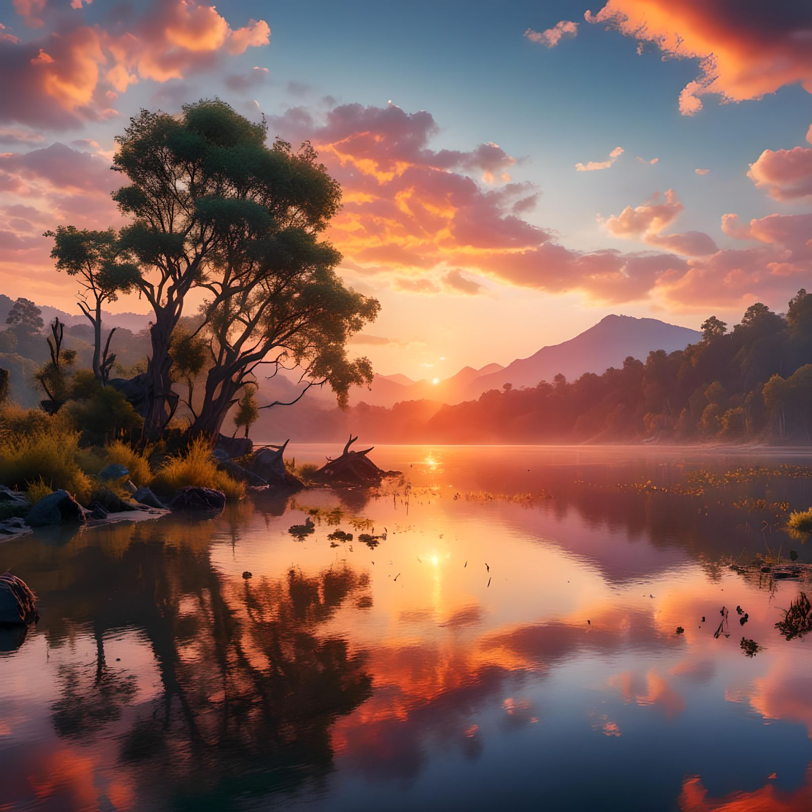 <lora:Lovely Landscapes:1.0> Morning sunrise on a crystal lake 4K high definition high resolution intricately detailed extreme quality 