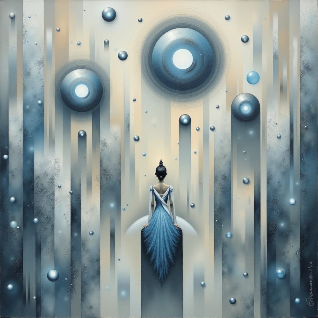 <lora:Chromatic Characters:1.0> An abstract composition featuring fragmented geometric shapes and organic forms that evoke a sense of ethere...