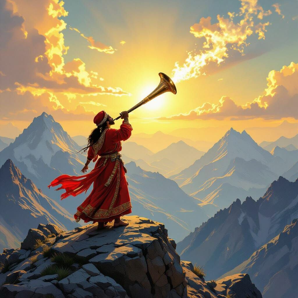 Majestic Figure Blows Ornate Shofar on Mountain Peak