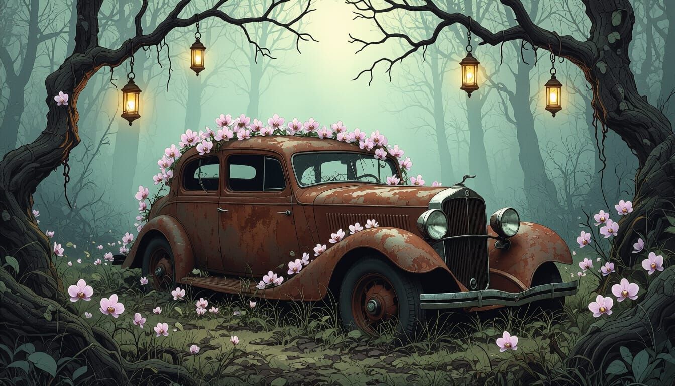 A vintage automobile, rusted and overgrown with ethereal orchids, sits abandoned in a dreamlike, misty forest clearing. The scene is bathed ...