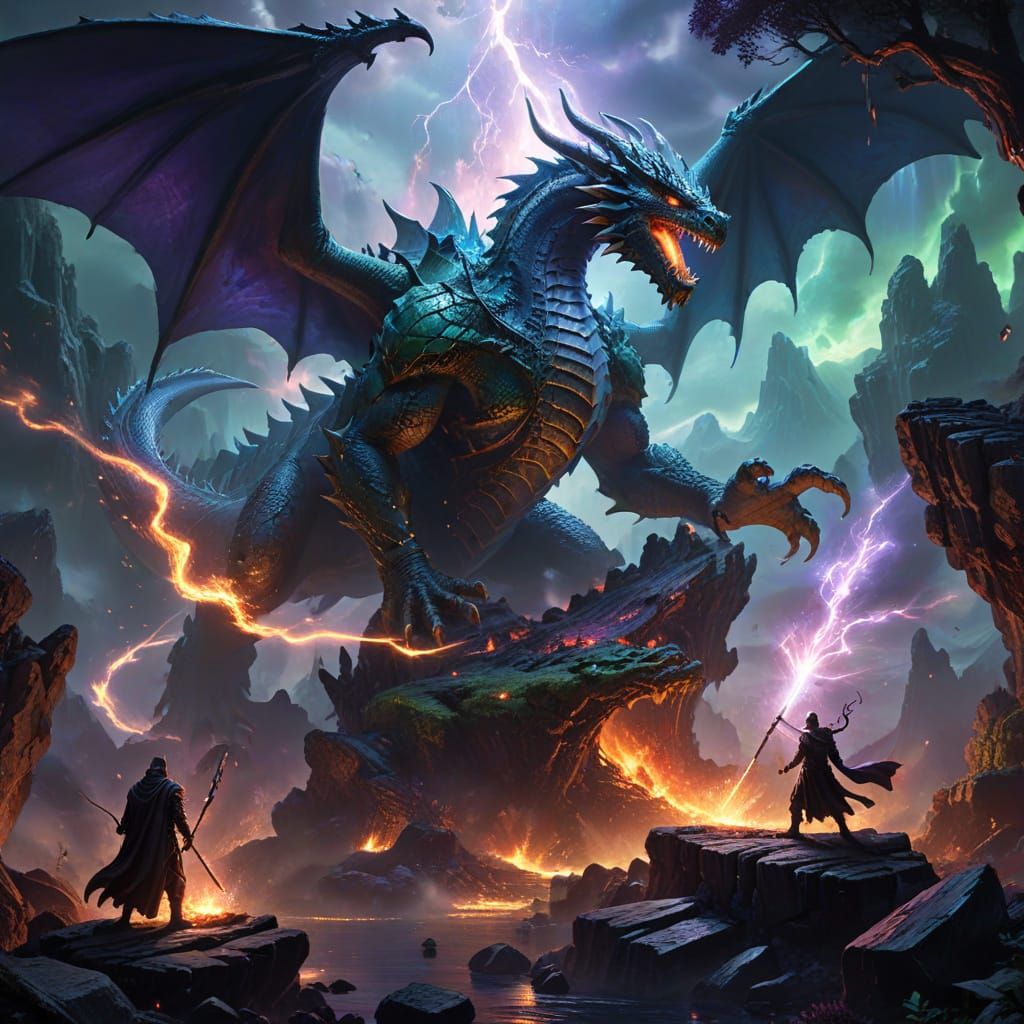 Epic Fantasy Battle: Dragon vs. Sorcerer in Magical Valley