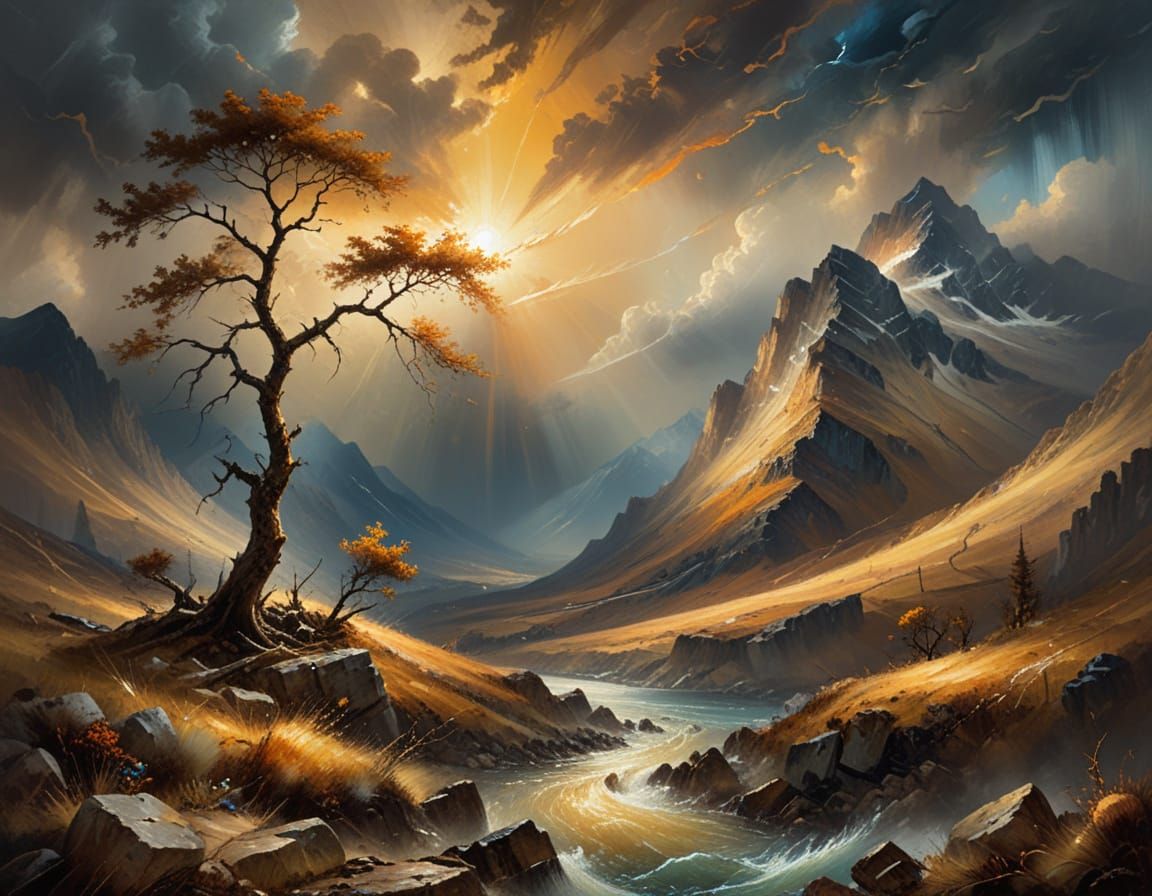 Poor tree in dramatic wilderness landscape.