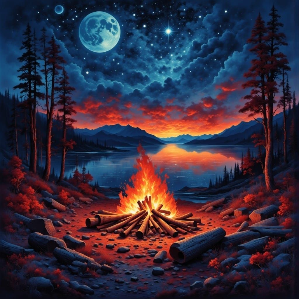 <lora:EpicFlux:1.0> cozy campfire