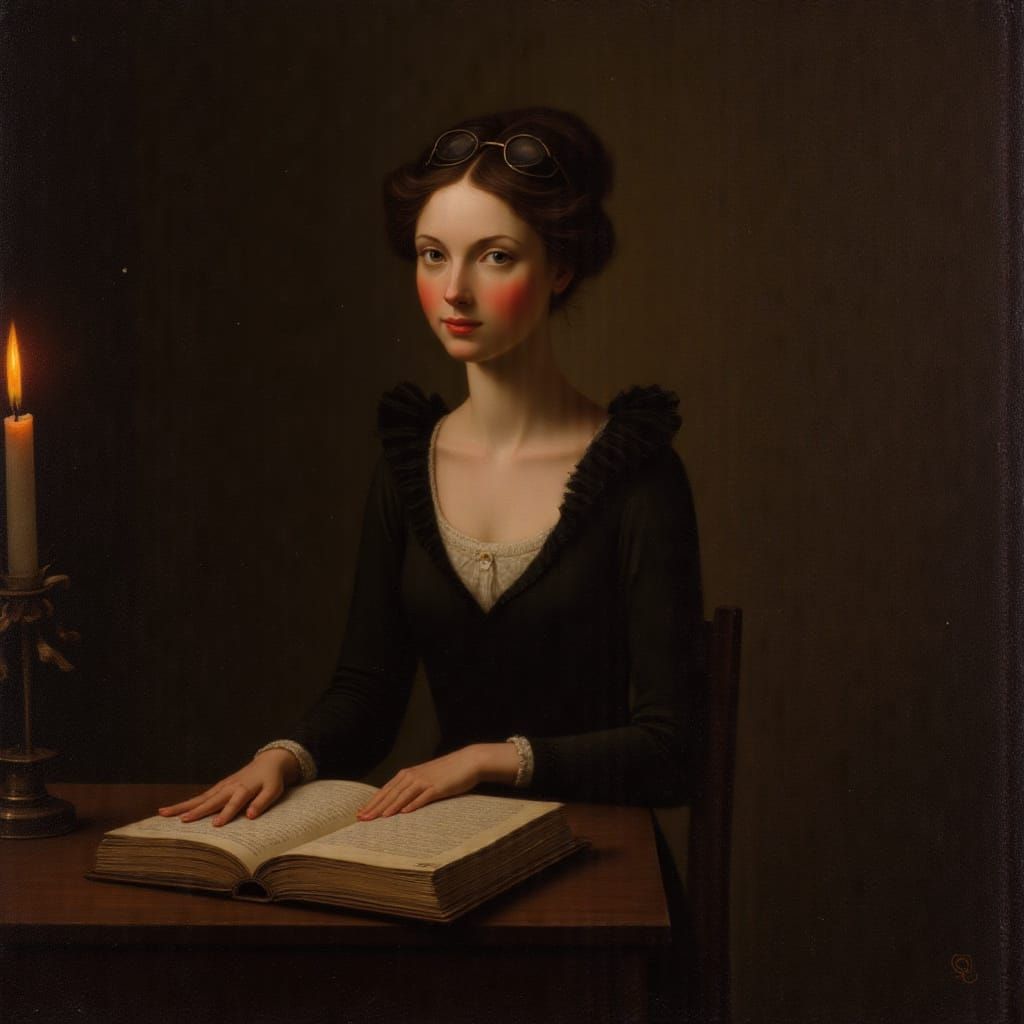 Softly illuminated by warm, golden candlelight, a woman sits with her back slightly arched, her slender fingers gently grasping the pages of...