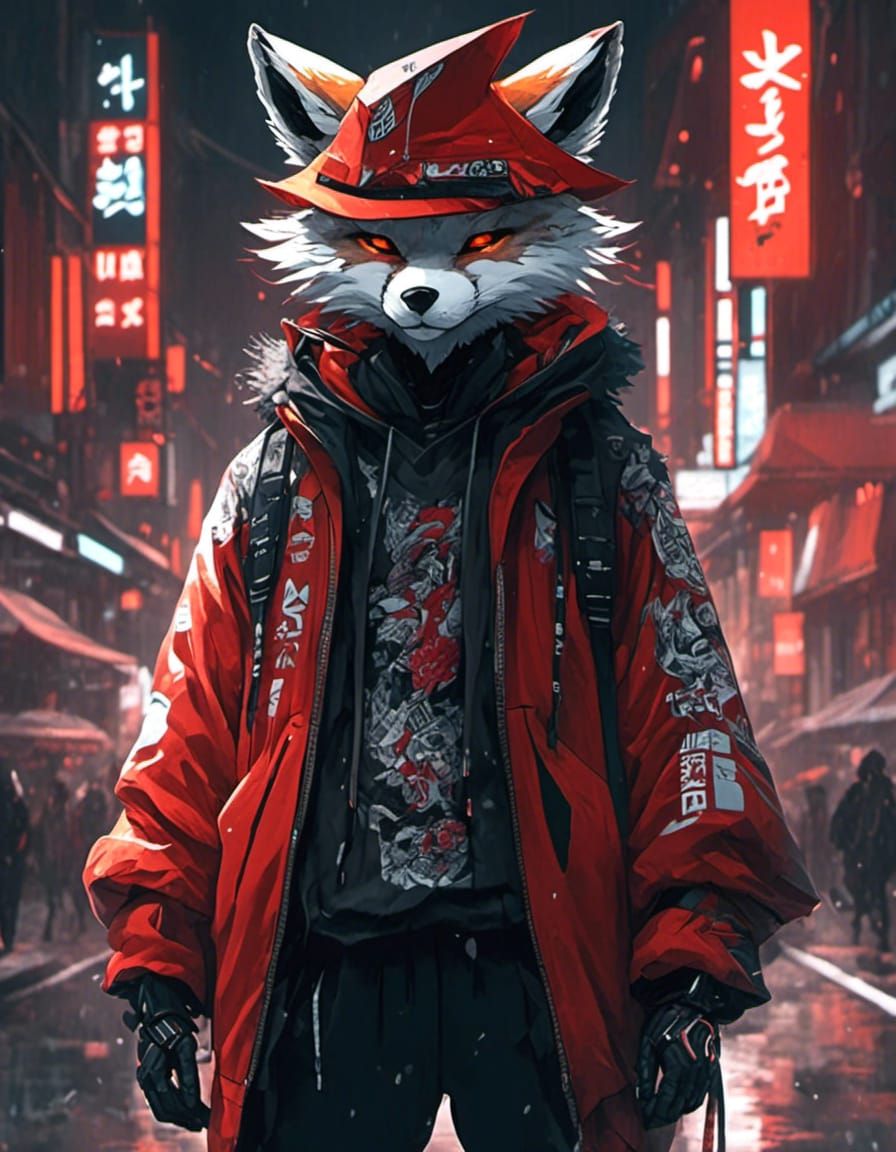 best quality, 32k resolution, a hooded badass fox streetwear, cinematic, kimono, katana, Anime, techwear, winter falling, clean, sharp detai...