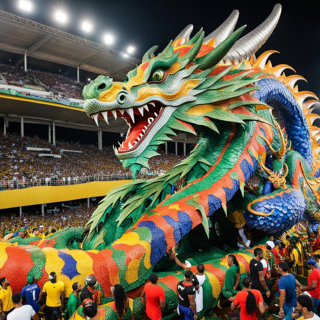 huge dragon float in the sambadrome of Brazilian carnival with passerby ...