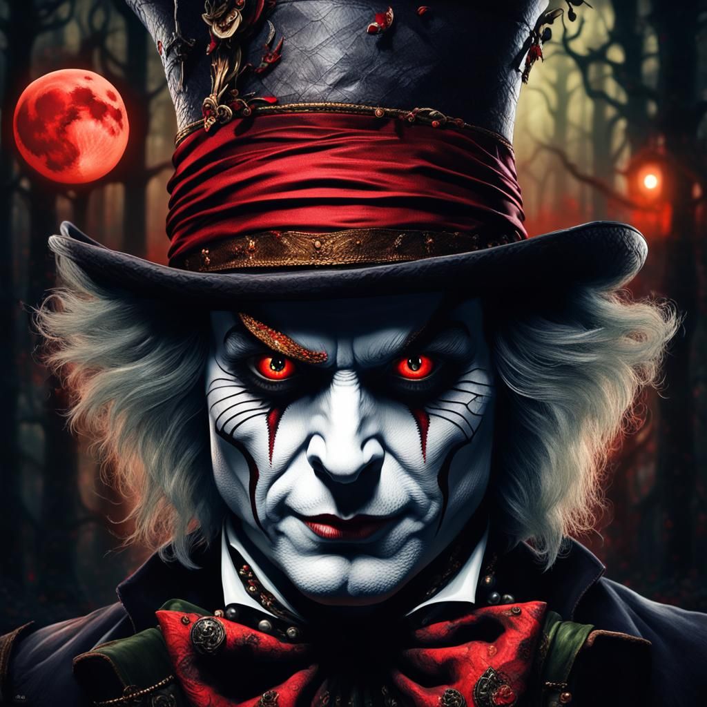 Photorealistic head and shoulders portrait of a evil Mad Hatter whit ...