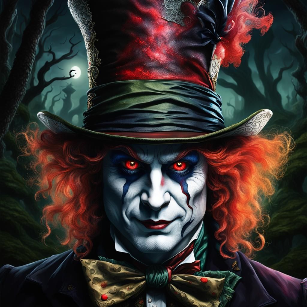 Photorealistic head and shoulders portrait of a evil Mad Hatter whit ...