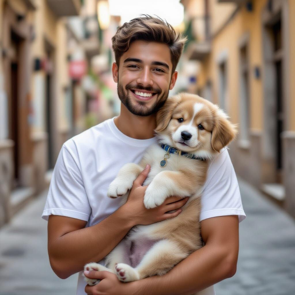 Handsome Man Holds Cute White Puppy