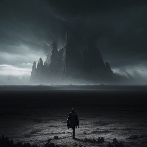 Desolate Landscape with Shattered Monolith and Storm