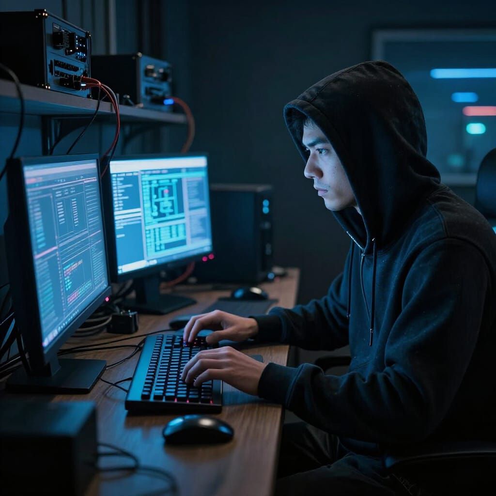 Hacker in Cyberpunk Style Typing on Keyboard