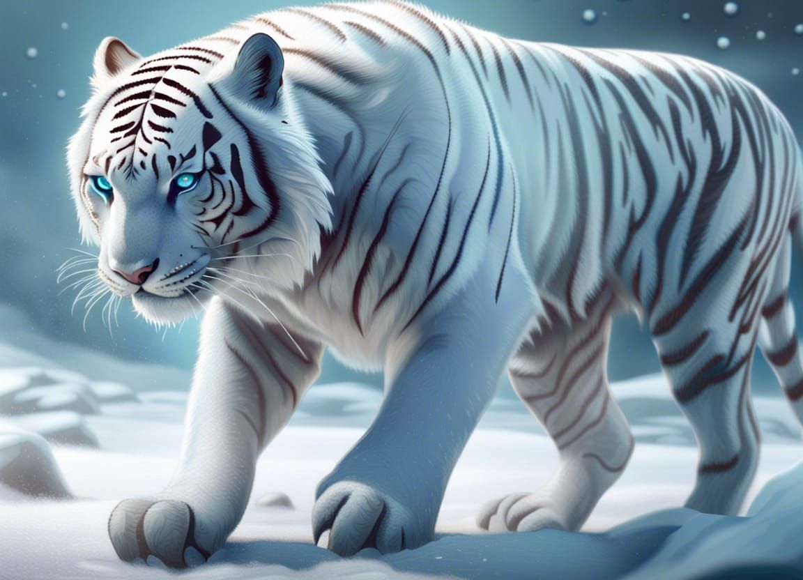 A white Tiger into a frozen and snowy tundra, Hyperrealistic...