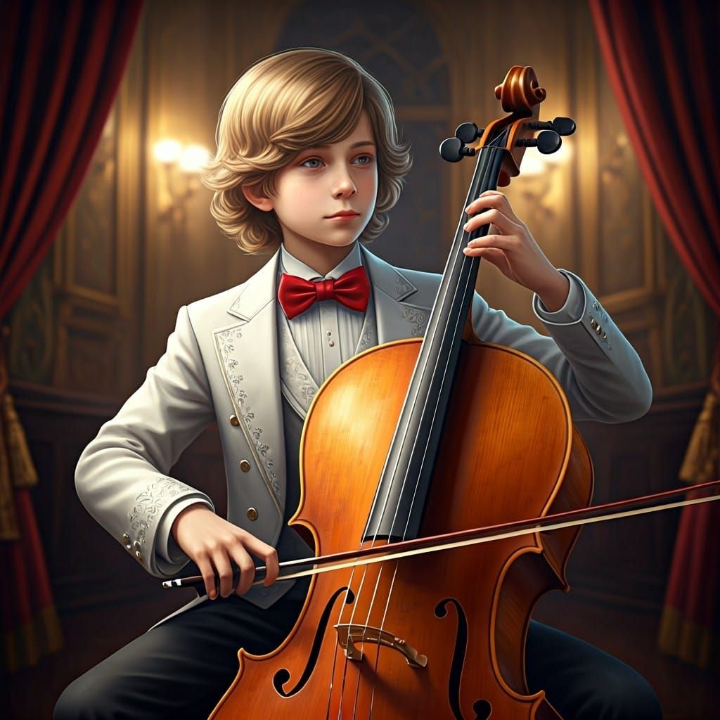 Elegant Boy with Cello in Golden Concert Hall