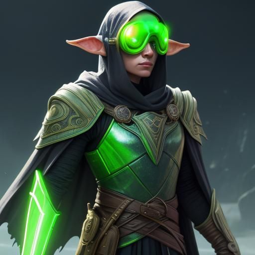 mythical bard elf wearing goggles hood and a cape yellow lime lute