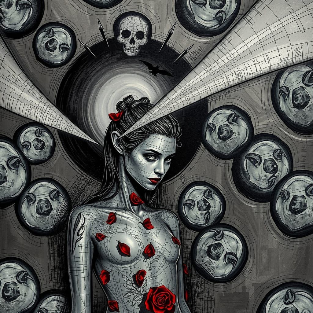 <lora:Graphite:1.0> <lora:Graphite Rose 1:1.0> <lora:DDM Calavera 2:1.0> <lora:Red Roses:1.0>  cempasúchil  stand out  as emotions  against ...