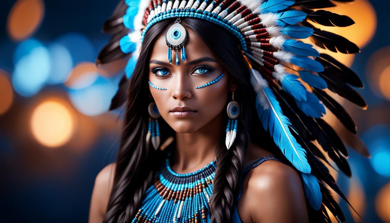 Deep Star Fusion Art: A stunningly beautiful and persuasive Native American Woman, bright blue eyes. hyperdetailed, dynamic lighting, bokeh,...