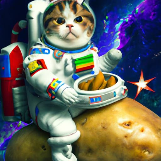 Astronaut Cat rides a potato through outer space