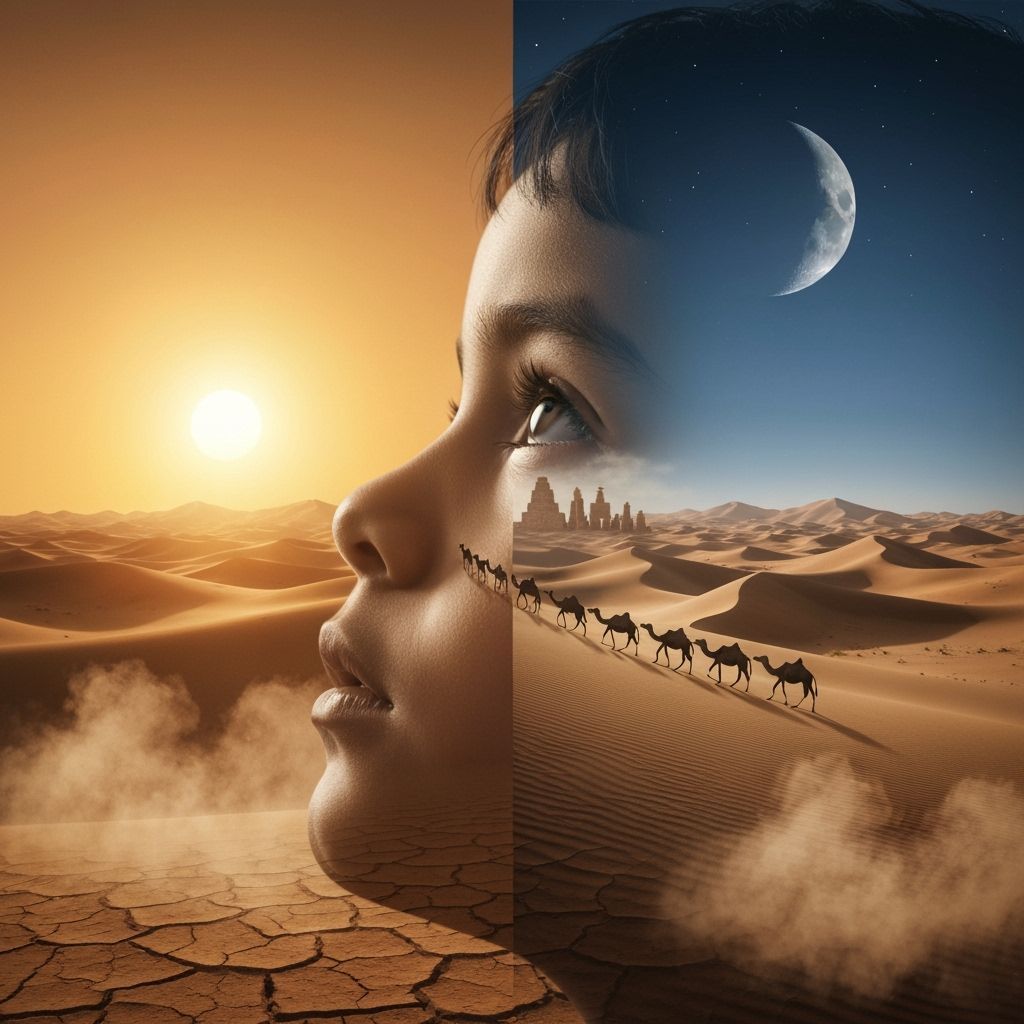 ​A close-up profile of a child's face looking up in wonder. The silhouette is filled with an ancient, ...  by @Kage 