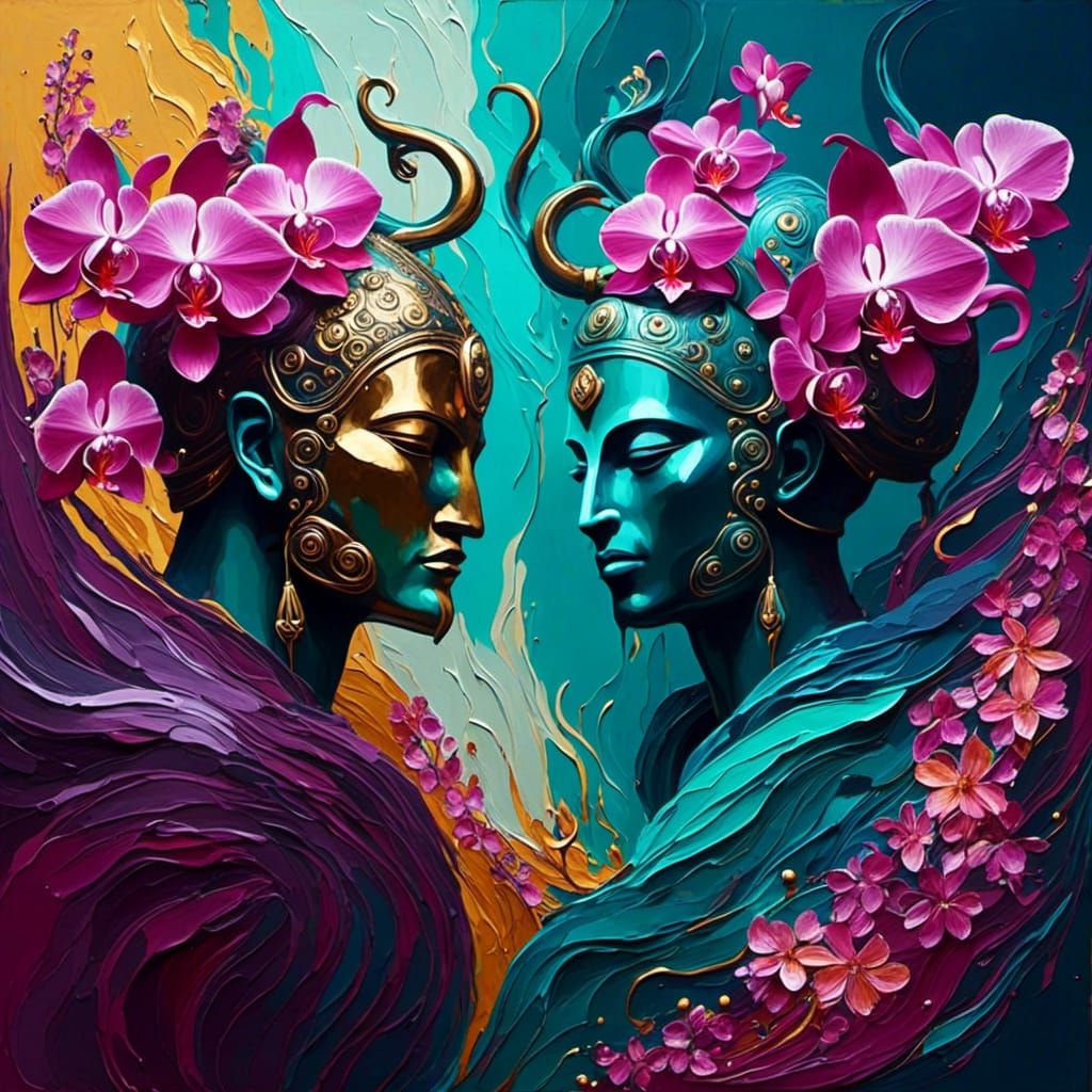 impasto <lora:Inspiration:1.0> Ancient Gods in Exile. color palette : Orchid, Petrol, and Cotton