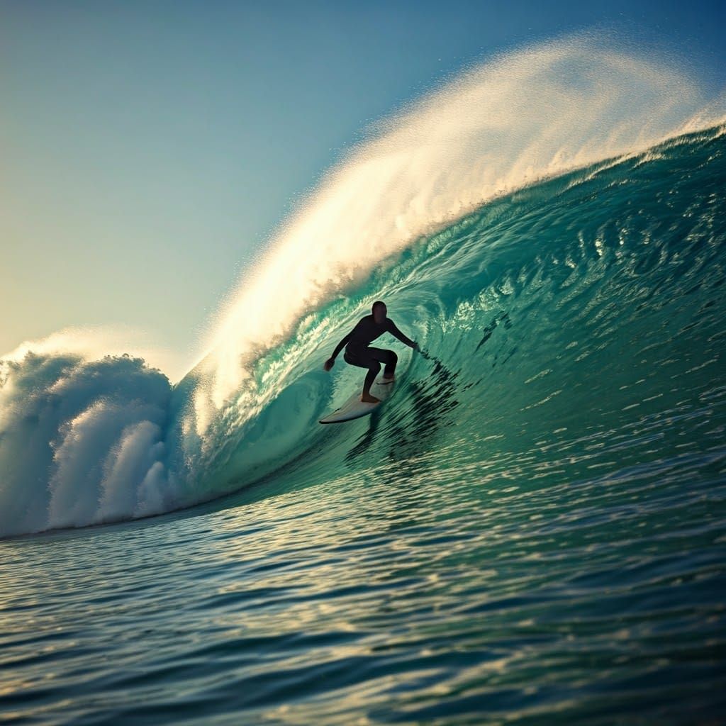 A surfer surfs in the sea on a big wave