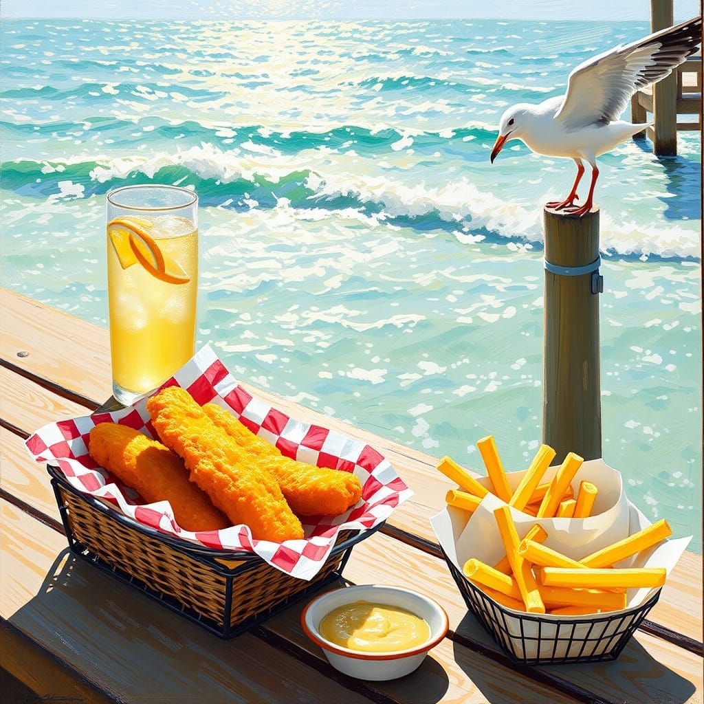 A basket of golden fish fingers resting on red-and-white checkered paper, beside a tall glass of sparkling lemonade with condensation and le...