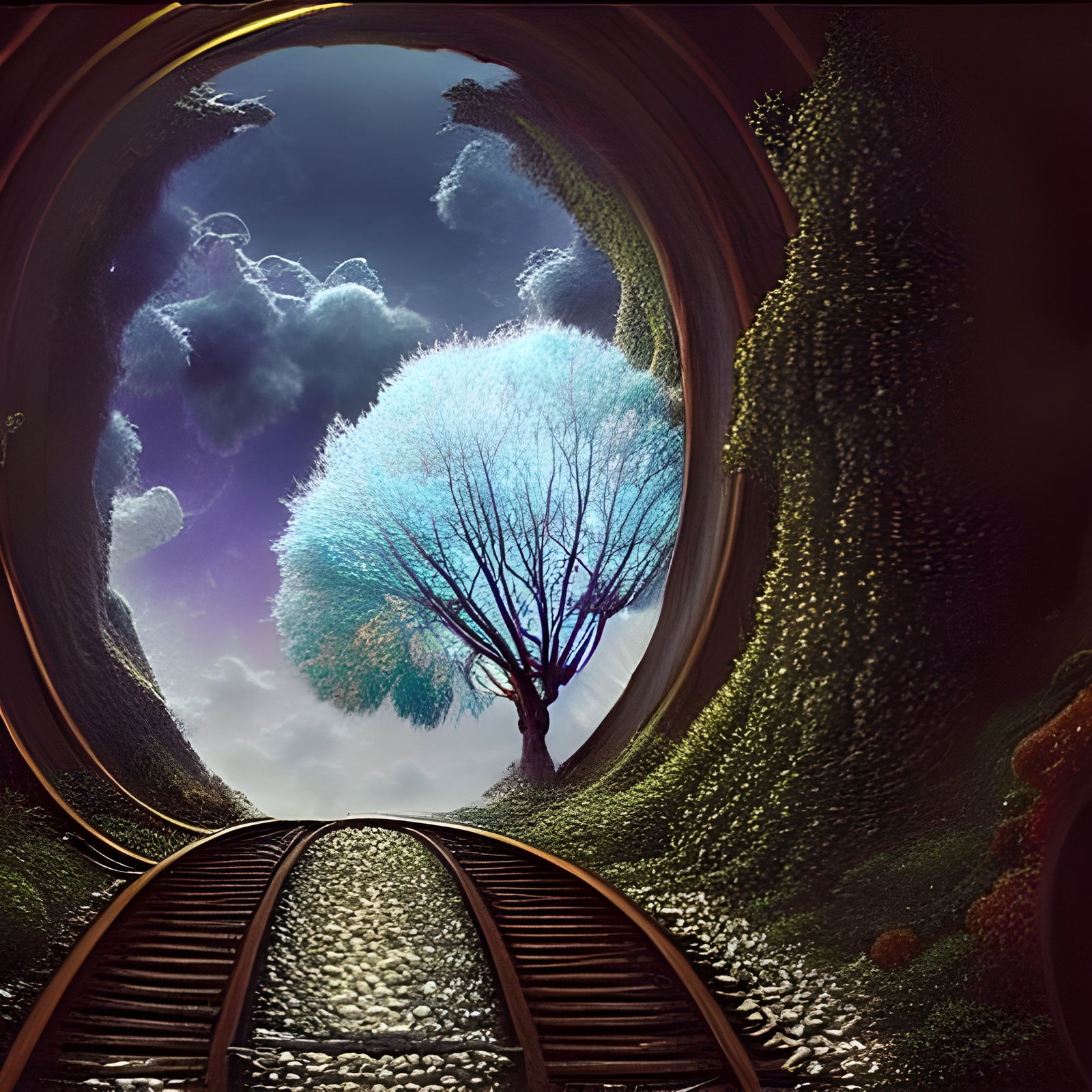 World tree wrapped in crystal vines, iridescent sky, scatter...