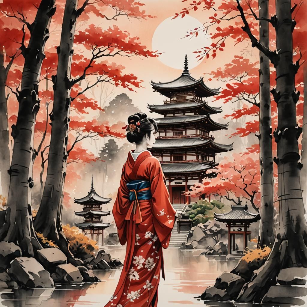 Japanese ink drawing: Landscape with temple and geisha in bl...