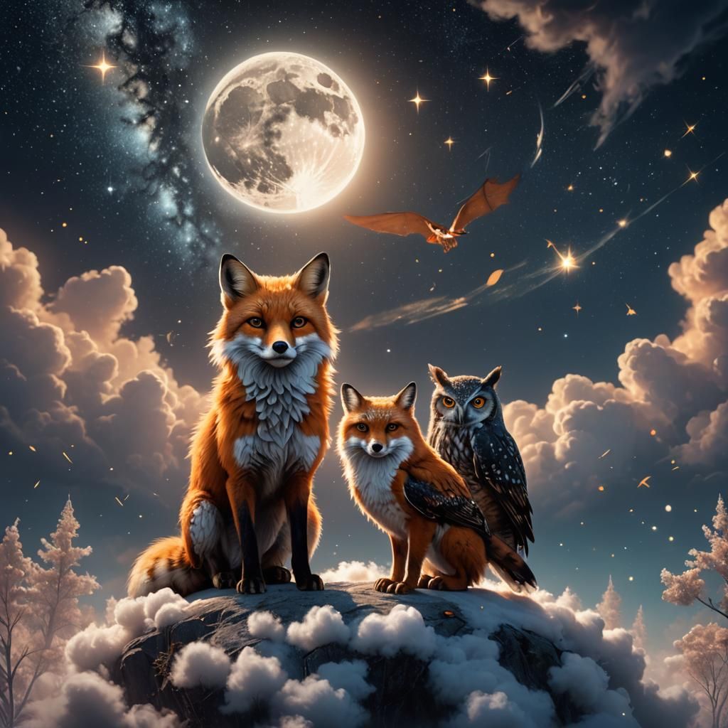 A fox and an owl standing on a soft, glowing cloud surrounde...
