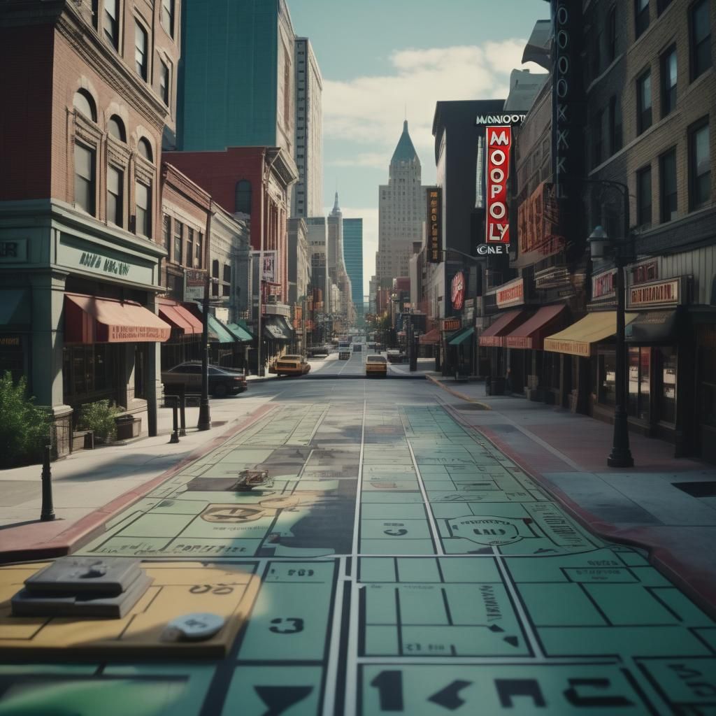 Downtown of a realistic city based on the Monopoly board game Cinematic film still, shot on v-raptor ...  by @Royd