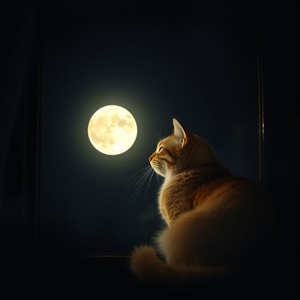 An orange cat sitting in a window looking at a full moon, double exposure photo