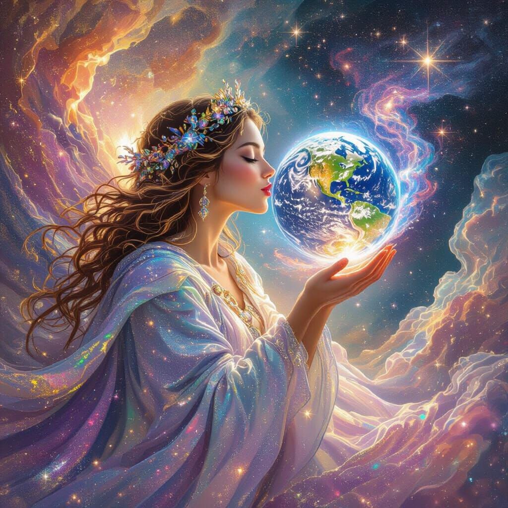 A heavenly being made of stars and galaxies holding the Earth rotating in the palm of her hand while ...  by @Bloodscout