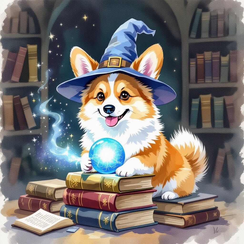 Whimsical Corgi Wizard with Glowing Orb in Watercolor