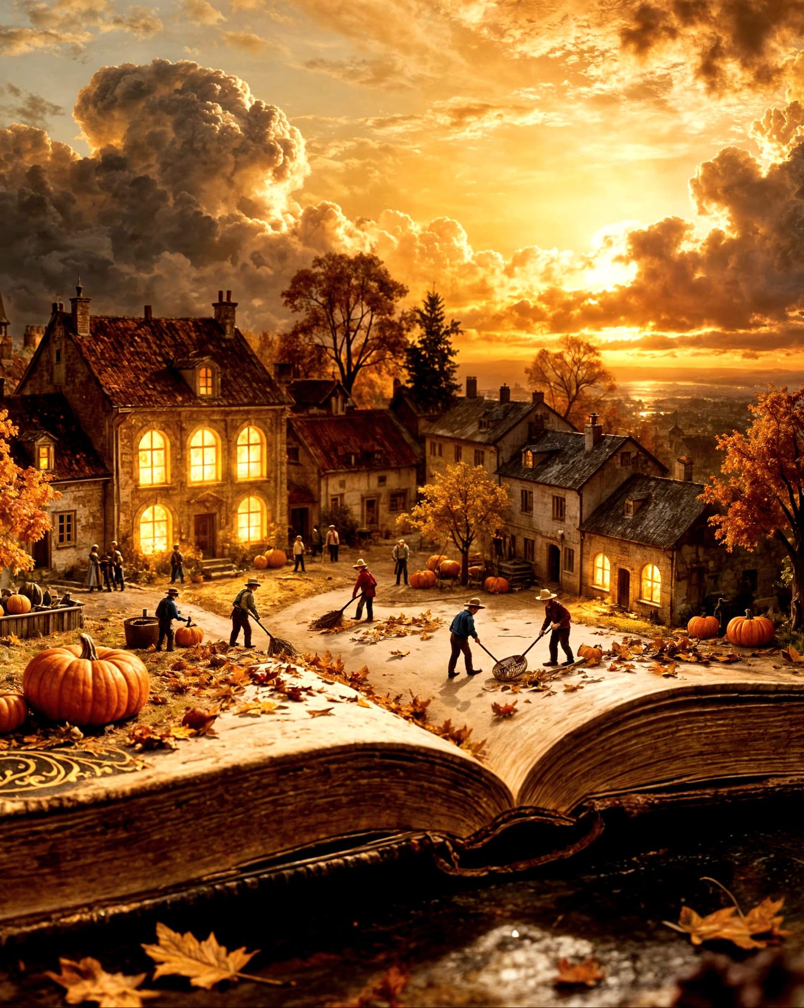 A miniature, sprawling town in autumn is nestled within the open pages of a vintage, ornate and very ...  by @Doc_KC1