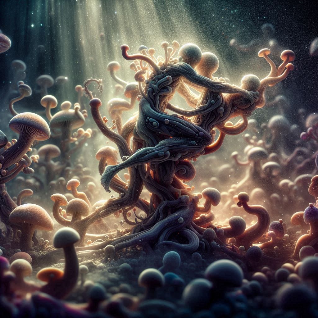 Crazy Mushrooms Wrestling, surrounded by a Labyrinth of light