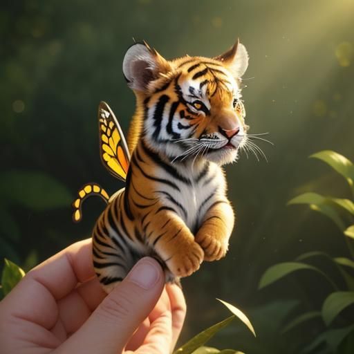 Teeny Tiny Baby Tiger has Butterfly Wings flying over flowers in a