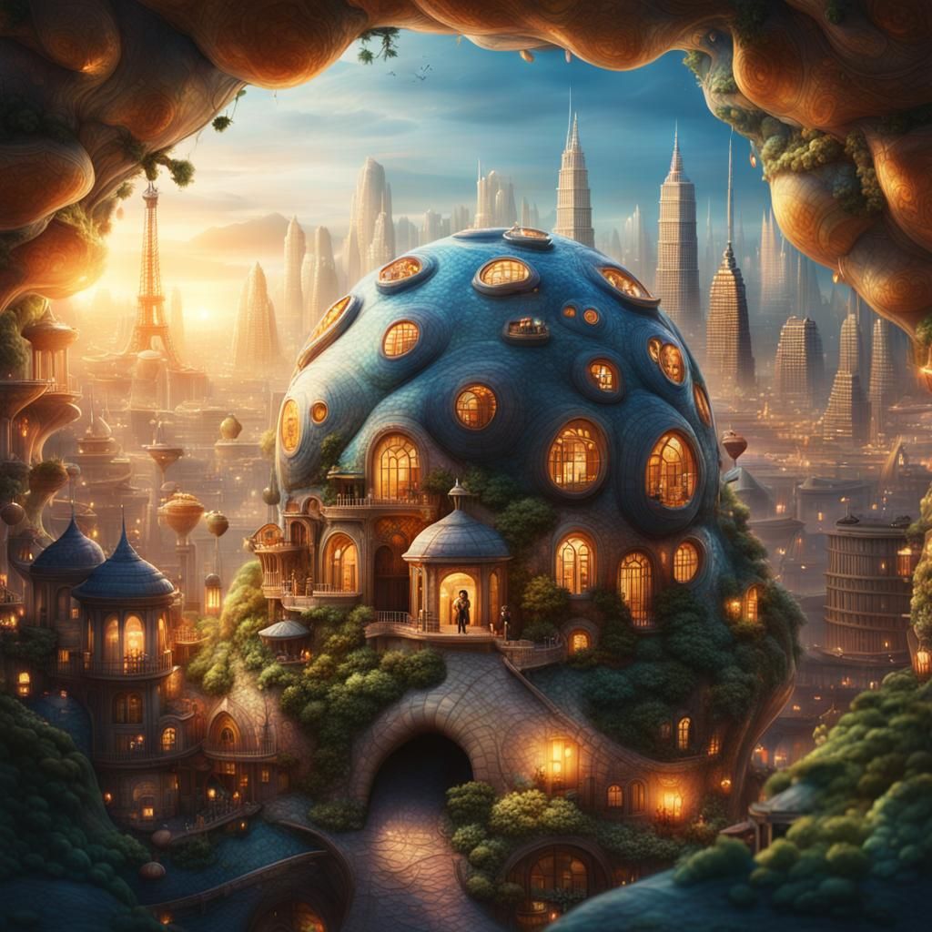 Fantastical Cityscape Inside a Giant Snail Shell