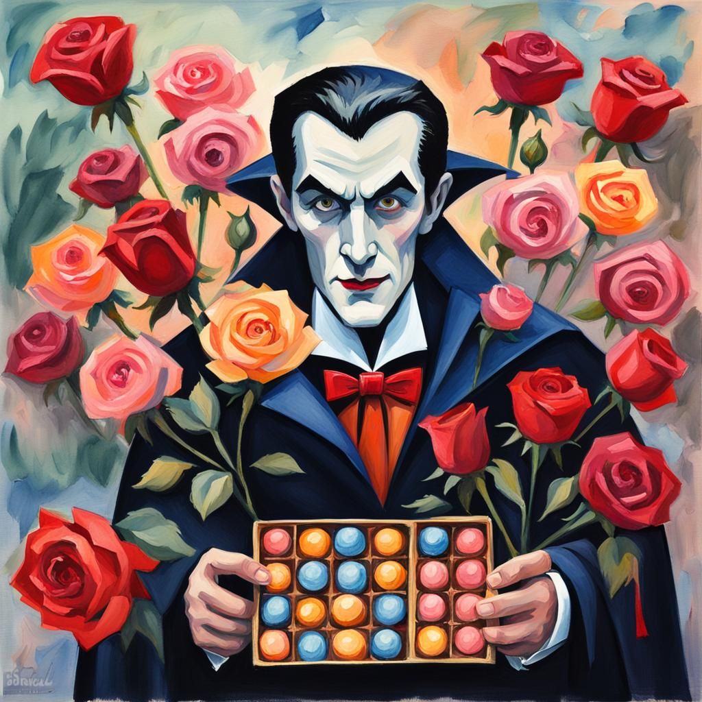 dracula holding a box of chocolate bonbons and a bouquet of roses - AI ...