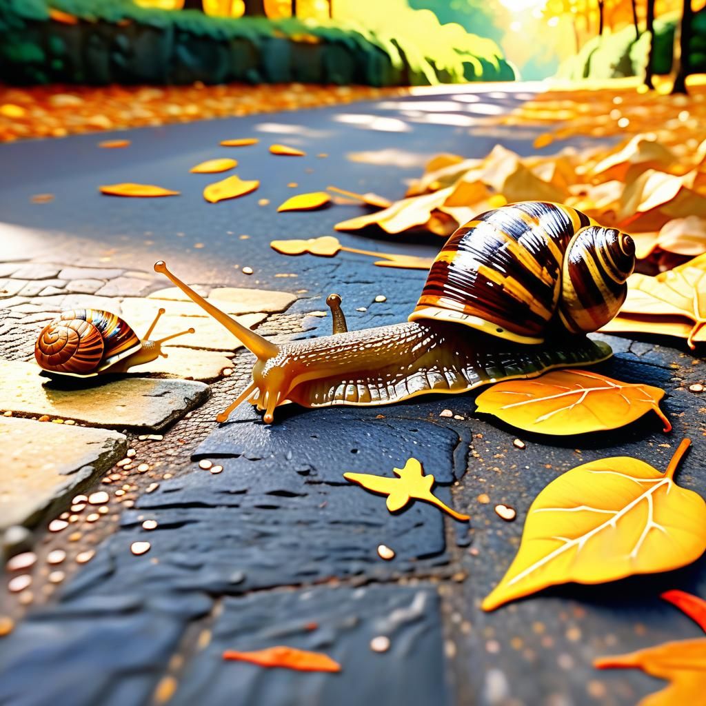 Smiling Snails in Impressionist Autumn Landscape