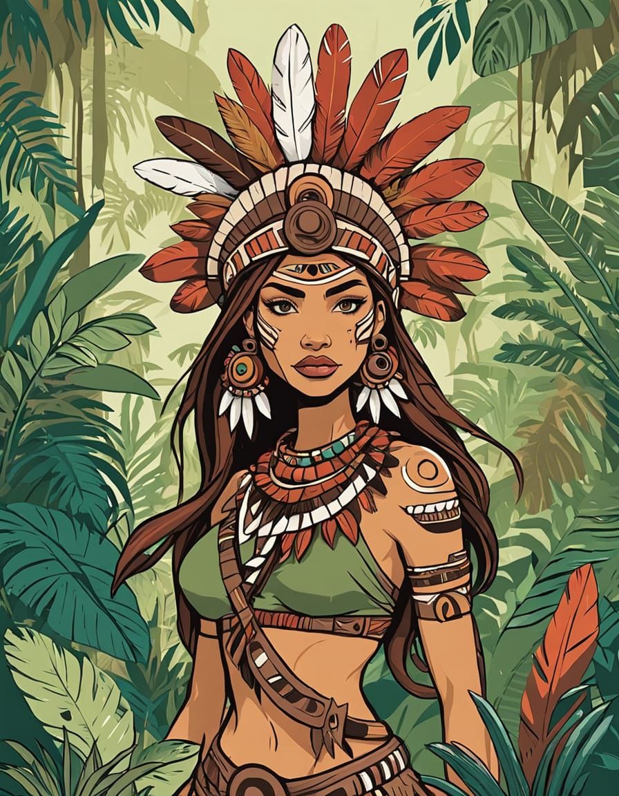 imagine a cartoon tribal warrior woman with exaggerated features and bold outlines, standing in a stylized ...  by @Golem