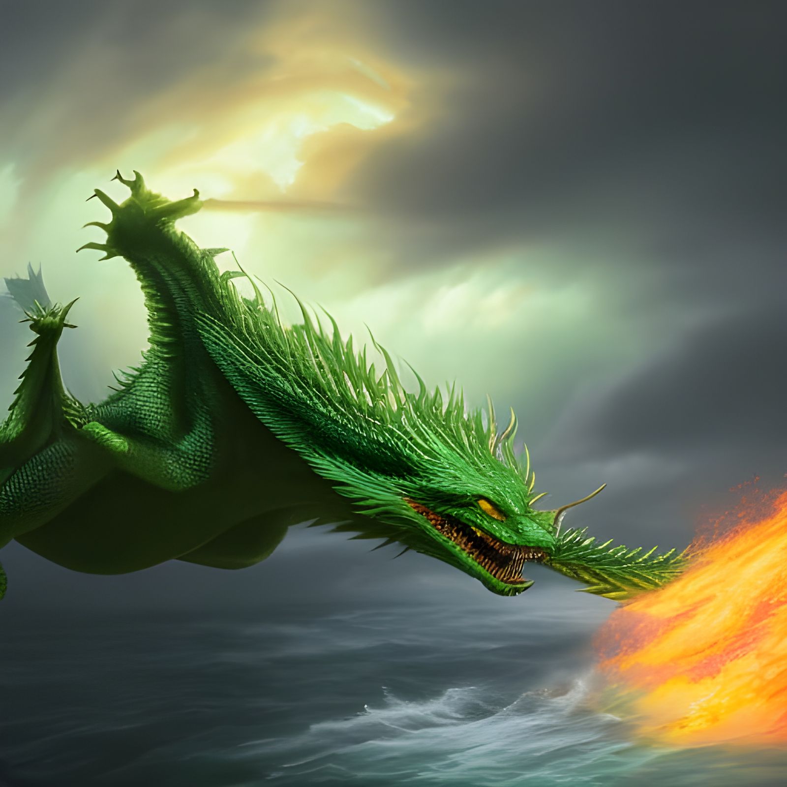 Amazing green beast over a fiery sea - AI Generated Artwork - NightCafe ...