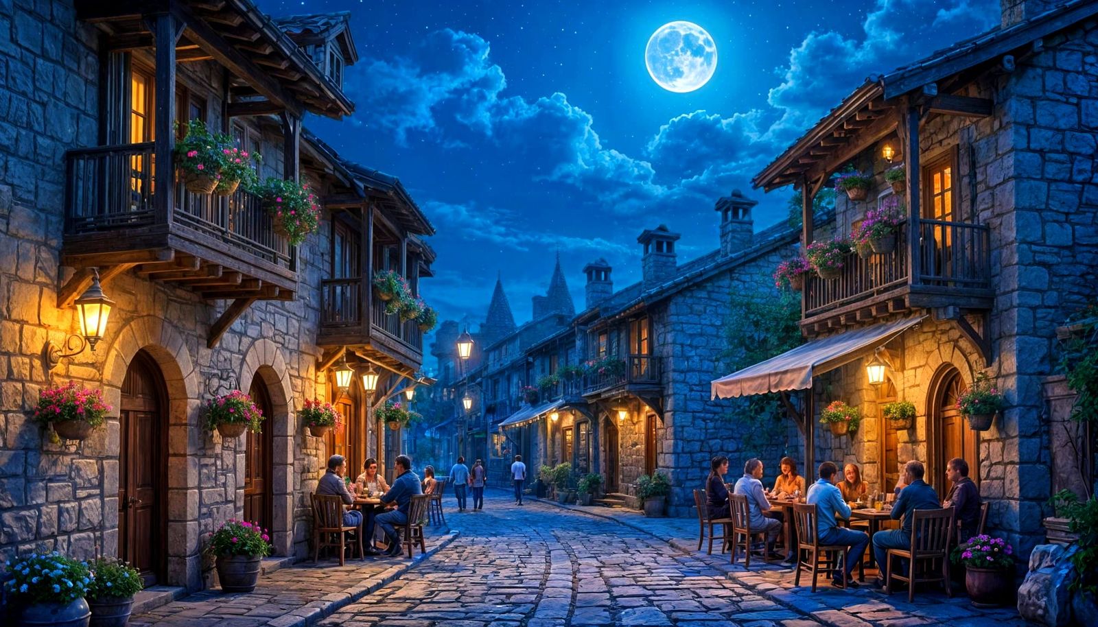 A village street with stone houses and wooden balconies filled with flower pots. Lit by old lanterns ...  by @Carlos