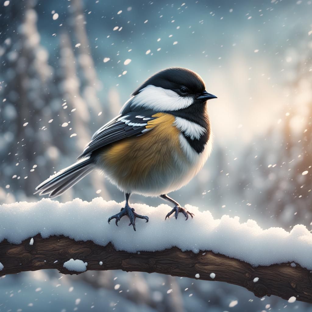 Whimsical Snowy Chickadee Fantasy Scene in 8k Resolution