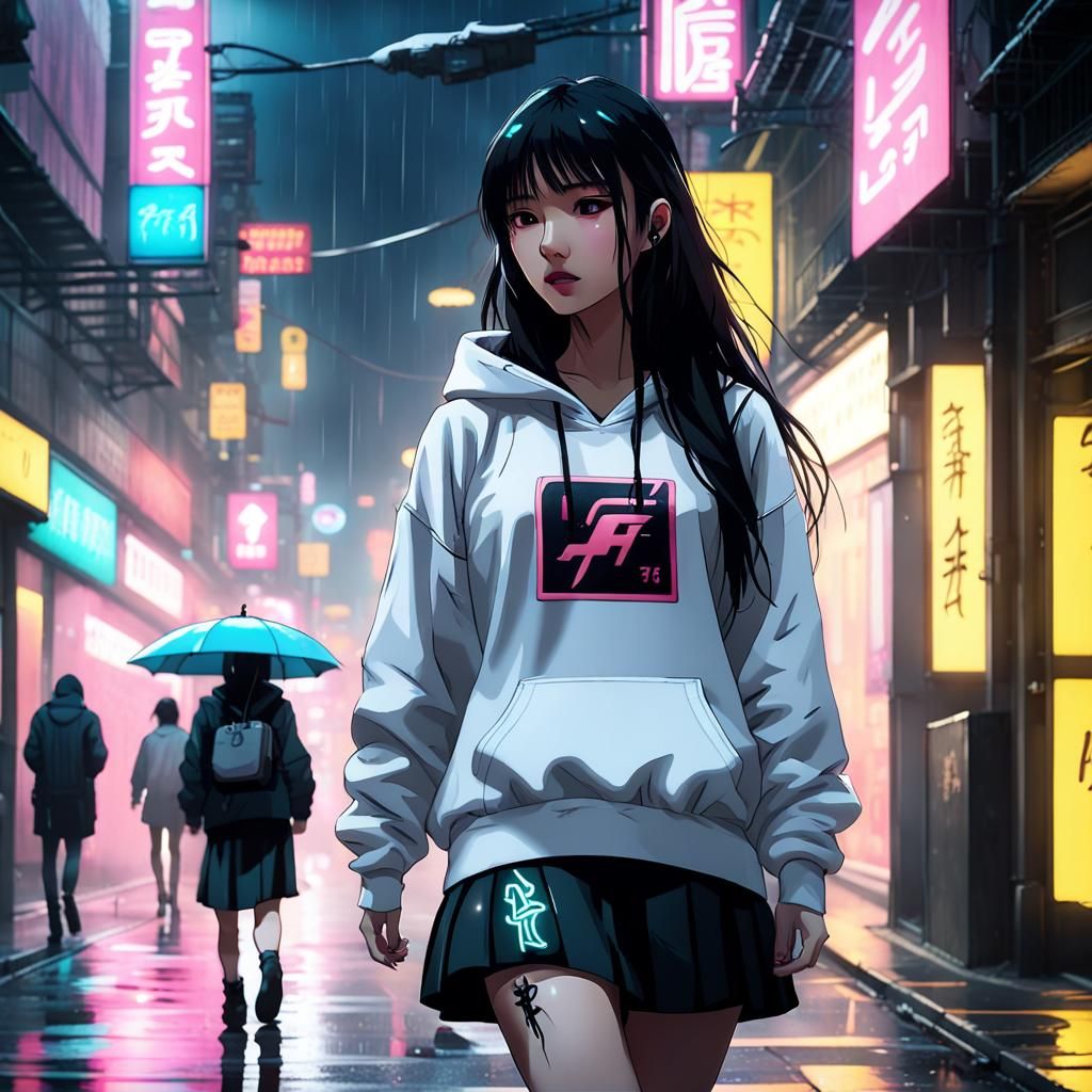 Rainy Night Stroll: Cyberpunk Asian Girl